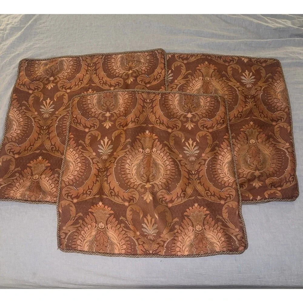 ANICHINI Brocade Textured Pillow Covers 25X25 Burnt Orange Spice Set of 3 Fall